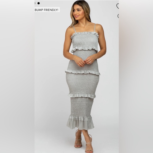 Sage Satin Smocked Fitted Maternity Midi Dress - Picture 1 of 5